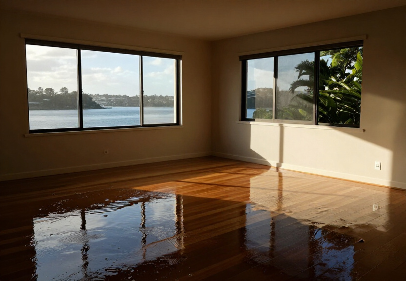 Flood-damaged living room in Sans Souci before restoration