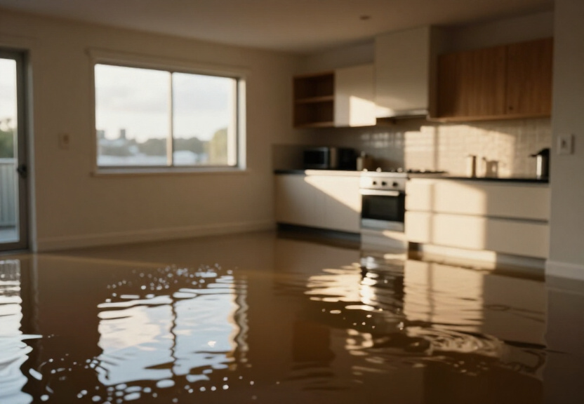 Flooded commercial kitchen in Sans Souci before cleanup